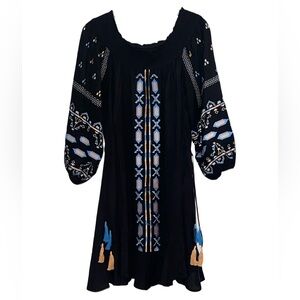 Anthropologie Ranna Gill Black Blue Embroidered Tunic Dress Boho Country Medium